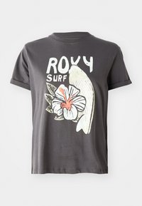 T-shirt en coton gris avec un motif graphique blanc d'un poisson et d'une fleur d'hibiscus avec des détails rouges, manches courtes et col rond.