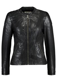 Black leather jacket with a zippered front, quilted shoulder accents, two zippered side pockets, and a round collar design.