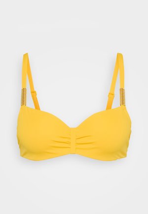Gul bikini topp med samlet front, justerbare stropper og teksturerte detaljer ved stroppene. Glatt, elastisk stoff.