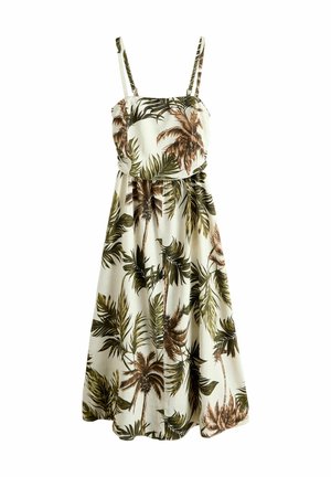 Spaghetti-strap, midi dress in light cream fabric featuring a palm leaf print in green and brown tones, cinched at the waist with a flowy skirt.