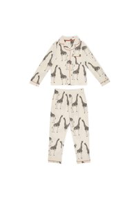 Conjunto de pijama de algodón que incluye una camiseta de manga larga y pantalones con cintura elástica. Color blanco roto con estampado de jirafas negras y detalles de ribete en contraste.
