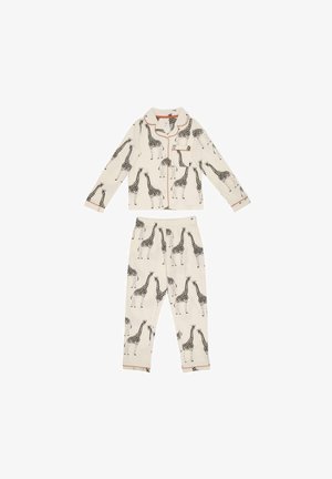 Ensemble de pyjama en coton comprenant un haut à manches longues et un pantalon à taille élastique. Couleur blanc cassé avec imprimé girafe noir et détails contrastants.