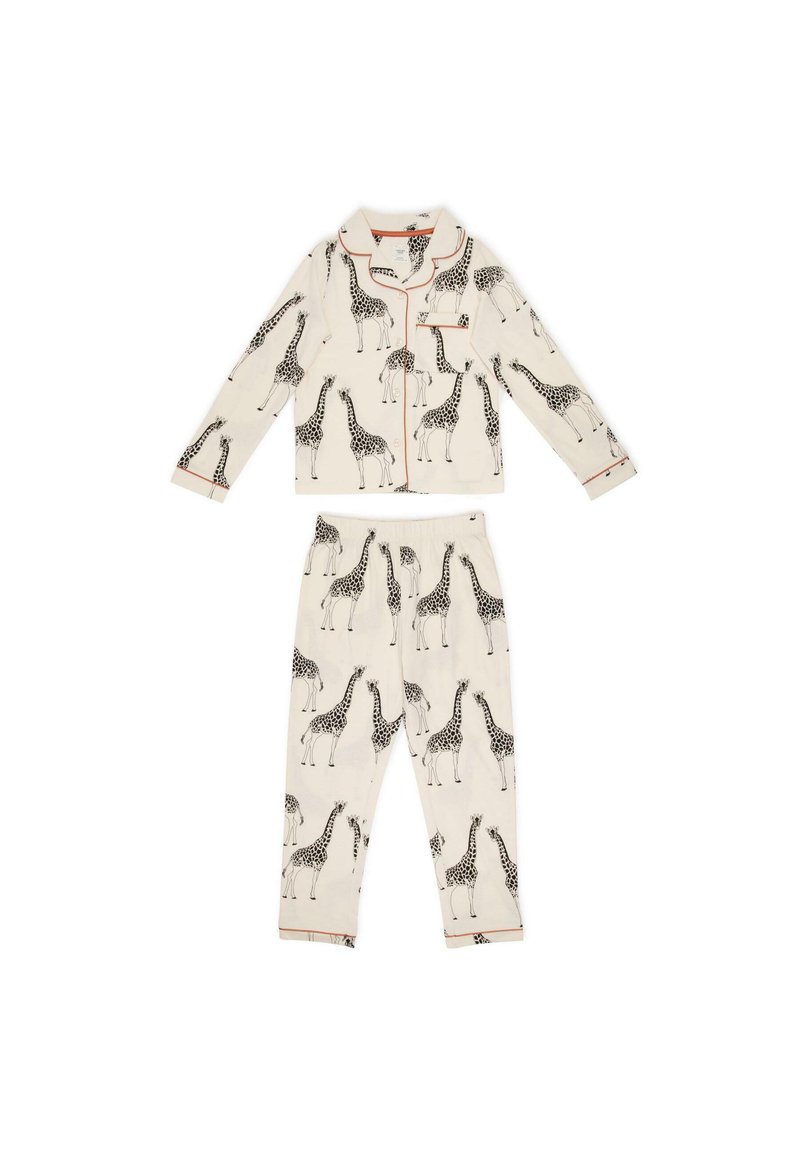 Conjunto de pijama de algodón que incluye una camiseta de manga larga y pantalones con cintura elástica. Color blanco roto con estampado de jirafas negras y detalles de ribete en contraste.