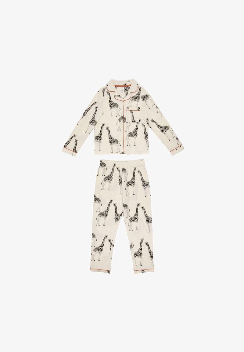 Bavlněný pyžamový set s dlouhým rukávem a elastickým pasem. Krémový s černým potiskem žiraf a kontrastními detaily.