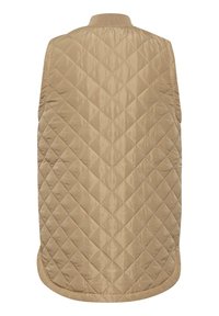 Veste matelassée beige sans manches avec un motif de piqûres en losange et un petit col, vue de dos sur fond blanc.
