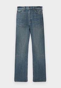 Jean en denim bleu à coupe décontractée, avec jambe droite, détails usés et design classique à cinq poches. Taille mi-haute.