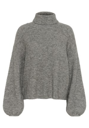Grå, ribbad stickad tröja med hög krage, neddragna axlar och voluminösa ärmar. Mjuk textur och kort längd.