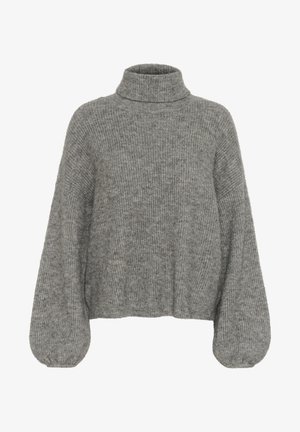 Sivkasta, rebrasta pleteno pulover z visokim ovratnikom, spuščeni rameni in obsežnimi rokavi. Mehka tekstura in skrajšana dolžina.