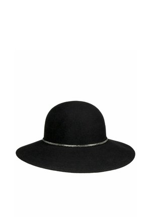 Black wide-brimmed felt hat with a rounded crown and a thin decorative silver band around the base of the crown.
