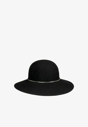 Black wide-brimmed felt hat with a rounded crown and a thin decorative silver band around the base of the crown.