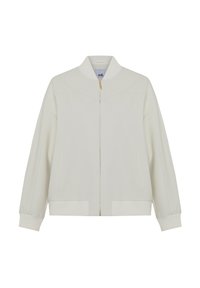 Giacca bomber beige chiaro con zip frontale, polsini e orlo a costine, tasche laterali e una texture liscia. Presenta elementi di design minimalisti.