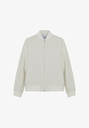 Veste bomber beige clair avec fermeture éclair à l'avant, poignets et ourlet côtelés, poches latérales et texture lisse. Présente des éléments de design minimalistes.