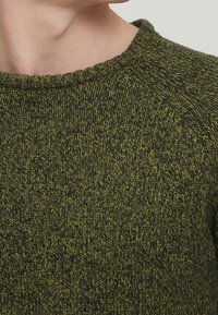 Close-up van de nek en schouder van een persoon die een groen en zwart gebreid sweater draagt met een geribbelde ronde hals.
