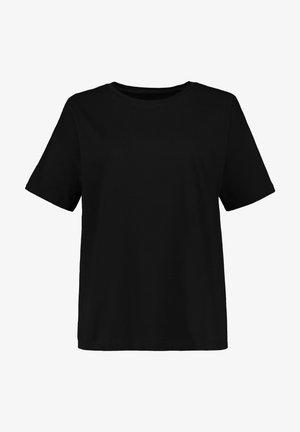 Schwarzes T-Shirt mit kurzen Ärmeln in Standardpassform, aus glattem Baumwollstoff mit Rundhalsausschnitt und ohne sichtbare Muster oder Akzente.