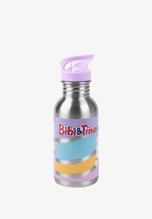 Stainless steel water bottle with a purple plastic lid, featuring a colorful Bibi & Tina design and heart patterns on a blue background.