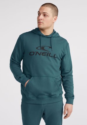 Teal hoodie made of soft fabric featuring a kangaroo pocket, ribbed cuffs, and a large black "O'Neill" logo on the front.