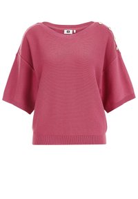 Rosa stickad tröja med lös passform, korta ärmar, vid halsringning och dekorativa knappar på axeln. Mjuk textur, ribbat mönster.