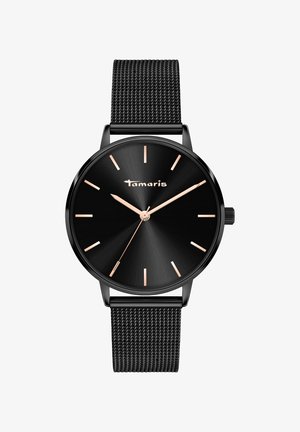 Zwarte analoge horloge met een matte zwarte wijzerplaat, rosegouden accenten en een zwarte mesh band. Eenvoudige uurmarkeringen voor een duidelijke zichtbaarheid.