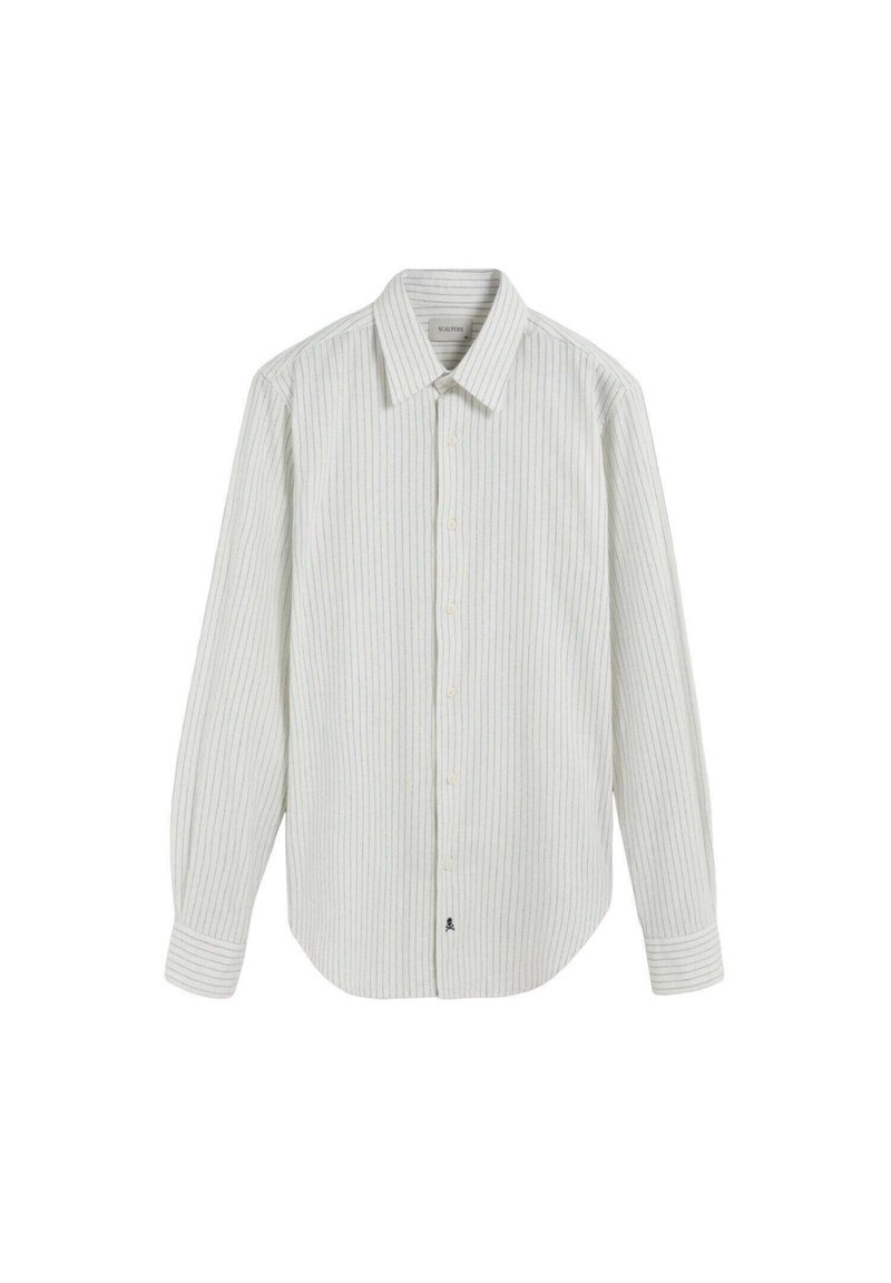 Camisa de botones a rayas claras con mangas largas, cuello abierto y un ajuste relajado. Tela suave con rayas verticales en azul y gris.