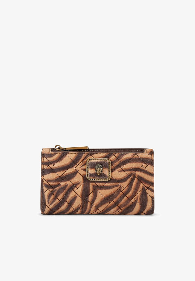 Brown quilted wallet with animal print pattern, square metal emblem featuring a detailed lion head, and zipper closure on top.