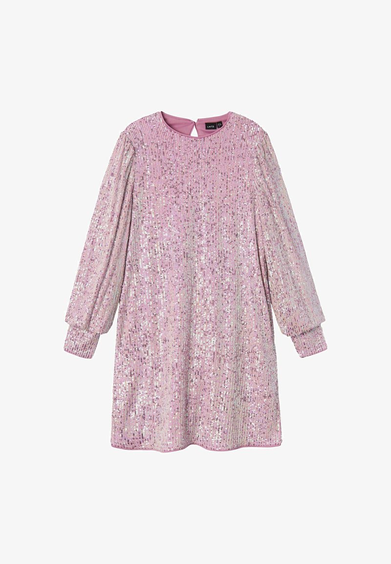 Pink sequined dress with long puff sleeves, round neckline, and a keyhole back detail. Shiny texture and shimmering effect throughout.