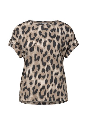 Lyhythihainen naisten beige-musta leopardikuosinen paita, jossa käännetyt hihansuut ja pyöreä pääntie.