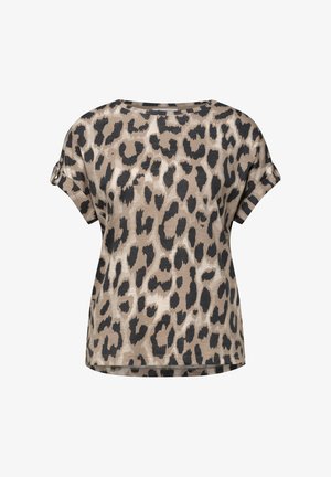 Lyhythihainen naisten beige-musta leopardikuosinen paita, jossa käännetyt hihansuut ja pyöreä pääntie.