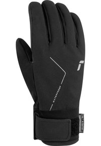 Sorte vandtætte handsker med en struktureret overflade, design med tre fingre, reflekterende detaljer og Velcro-ankersnøre for en sikker pasform.