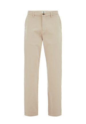 Beige Baumwollhose mit geradem Schnitt, Knopfverschluss, Seitentaschen und subtiler Textur. Keine markanten Muster oder Akzente vorhanden.