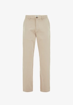 Beige katoenen broek met een rechte snit, knoopsluiting, zijzakken en een subtiele textuur. Geen duidelijke patronen of accenten aanwezig.