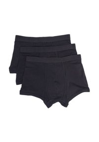 Tre par svarta bomullskalsonger för män staplade, med frampanel och elastiska midjeband synliga mot vit bakgrund.