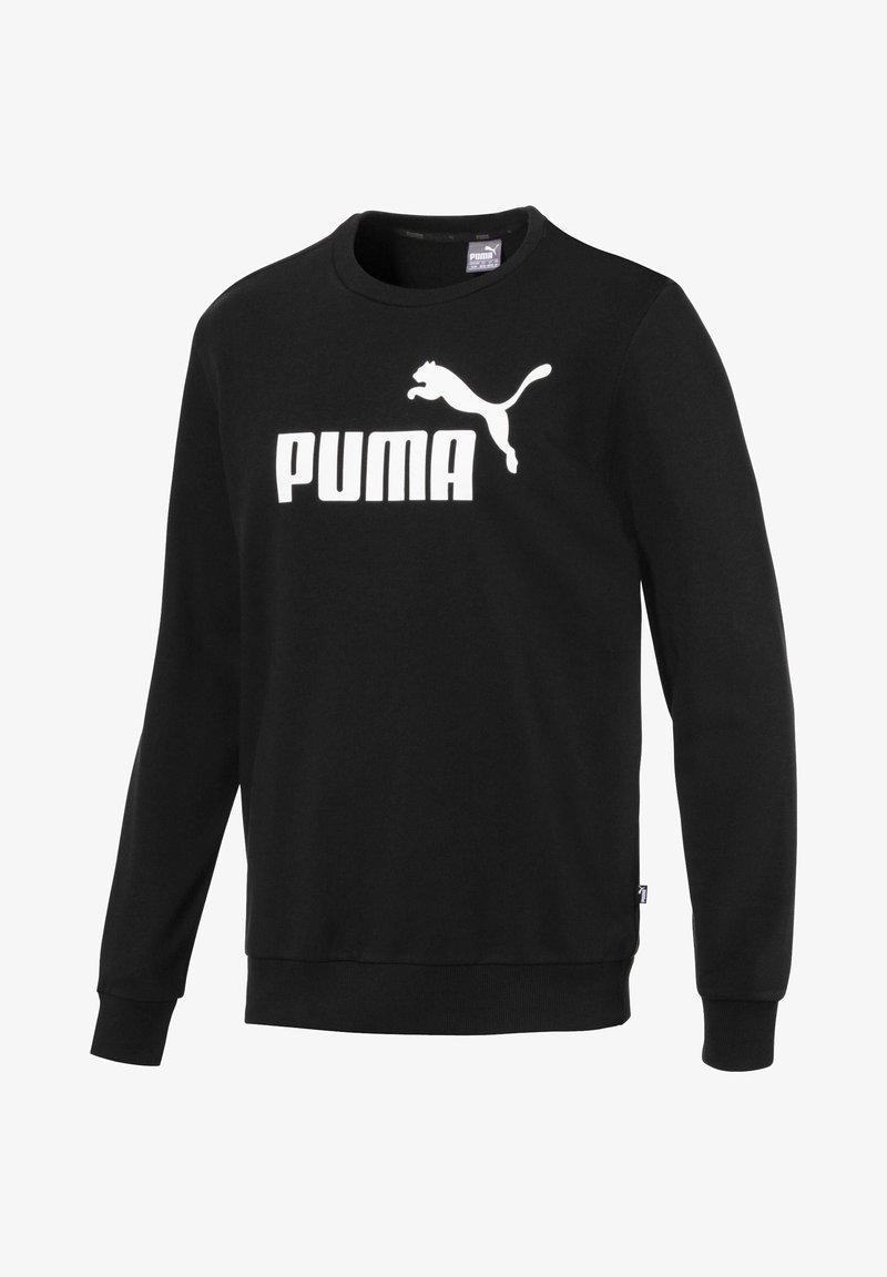 Sweatshirt noir en coton, avec un col rond, des manches longues et un grand logo PUMA blanc imprimé sur le devant.