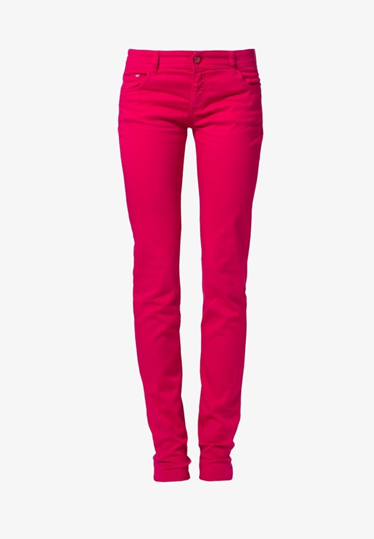 Jean ajusté en mélange de coton rose vif, avec un design classique à cinq poches, des passants de ceinture et une fermeture zippée avec bouton.