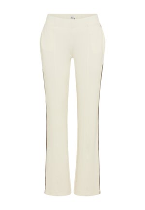 Hose in cremefarben mit geradem Bein, seitlichem Schlitzdetail und mittelhohem Bund, mit kleinem Markenlabel am Bund.