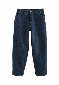 Tumedat sinised denim püksid, millel on vabalt istuv lõige, viis taskut, vööstangid ja kontrastsed kollased õmblused. Puhtad, tekstureeritud kangad.