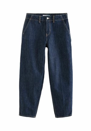 Tumedat sinised denim püksid, millel on vabalt istuv lõige, viis taskut, vööstangid ja kontrastsed kollased õmblused. Puhtad, tekstureeritud kangad.