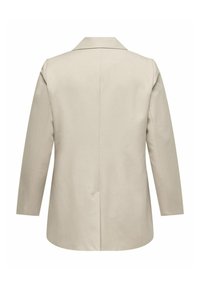 Béžový dlouhý kabát s klopovým límcem, dlouhými rukávy a jedním centrálním švem na zadní straně; vyrobený z hladkého materiálu se strukturovaným střihem.