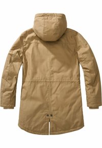 Parka lungă, cu glugă, de culoare khaki, cu o textură netedă, croială dreaptă și detalii cu capse la tivul din spate.