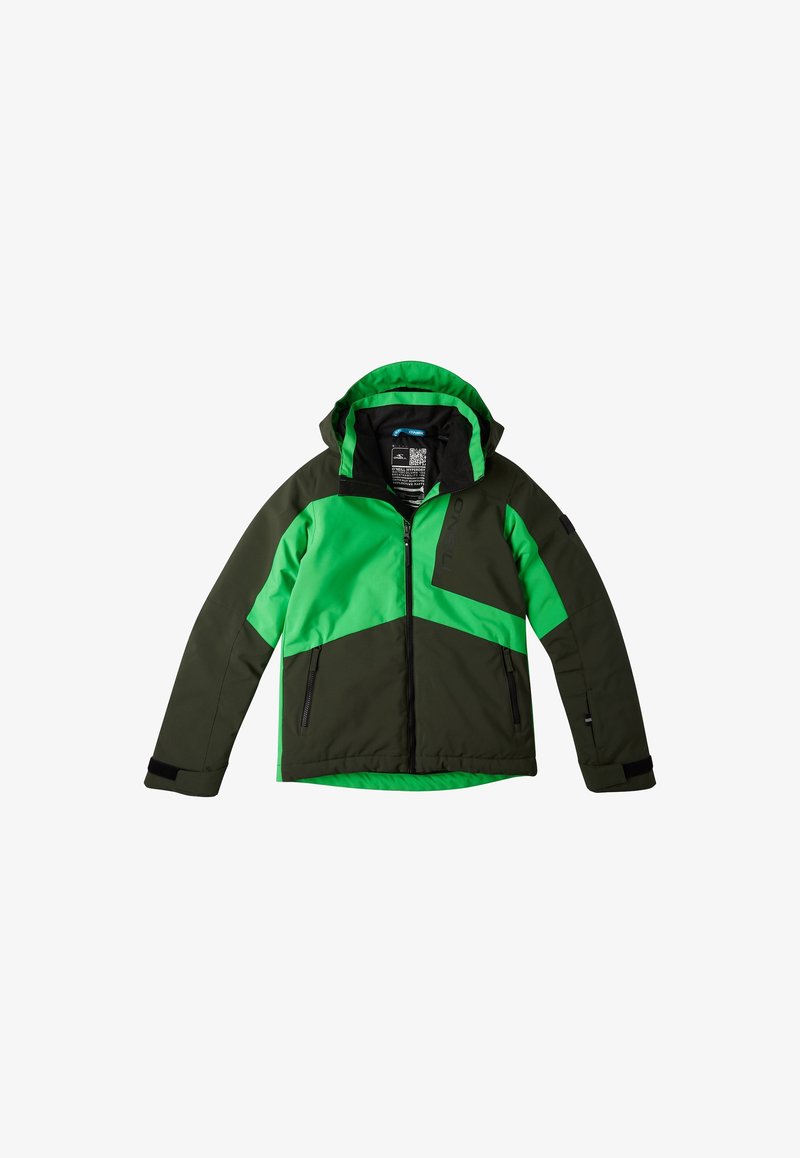 Veste imperméable verte et vert foncé avec capuche. Elle présente des blocs de couleur angulaires, deux poches zippées et des poignets ajustables.