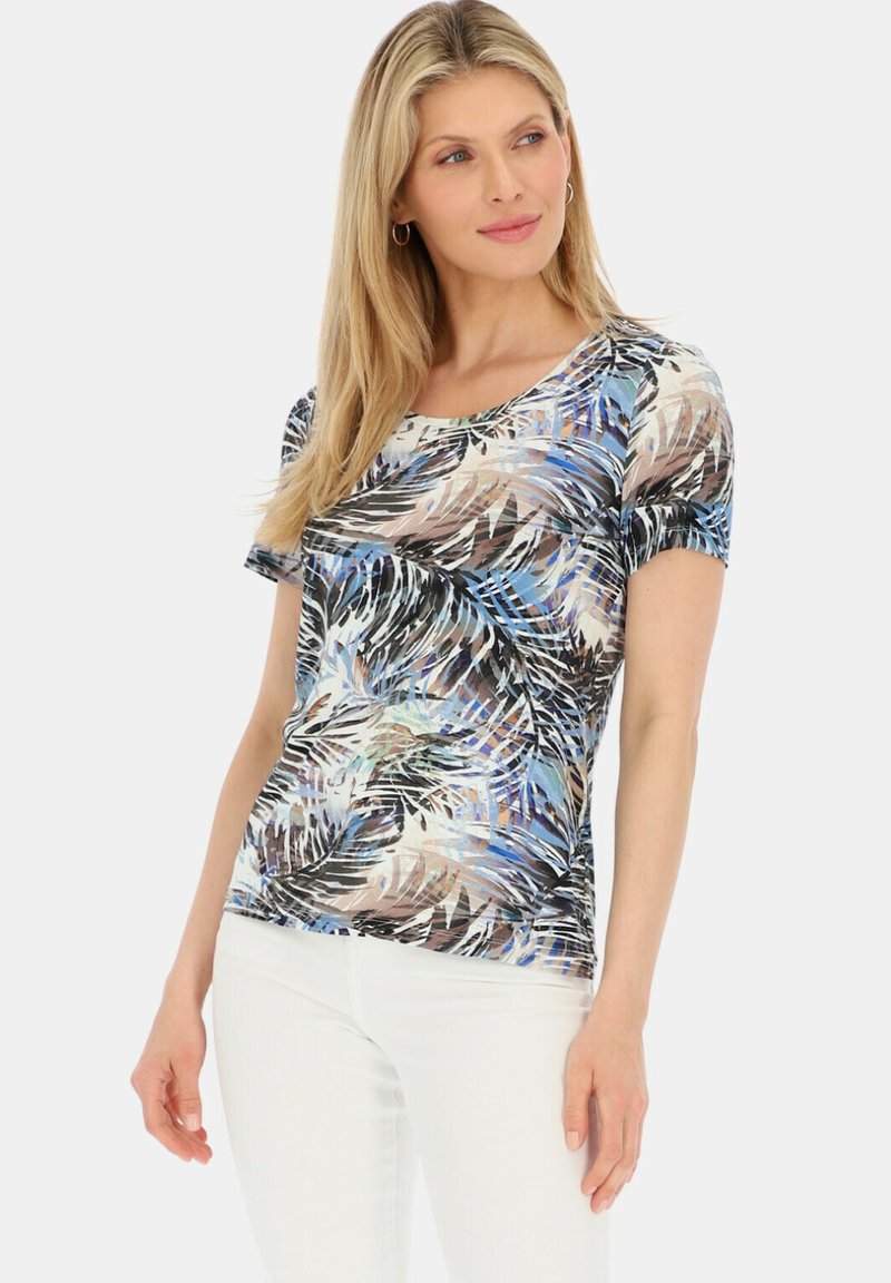 Koszula z krótkim rękawem z kolorowym, abstrakcyjnym wzorem liści palmowych w odcieniach niebieskiego, czarnego i kremowego, wykonana z gładkiego materiału o luźnym kroju.