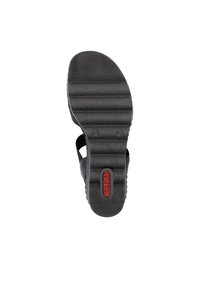 Sole di sandalo nera con gomma testurizzata, caratterizzata da scanalature orizzontali e un accento di logo rosso. Taglia 37 contrassegnata sul retro.