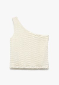 Krämfärgad stickad one-shoulder crop top med strukturerat mönster och rak fåll mot en vit bakgrund.