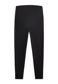 Leggings noirs taille haute avec un design de couture en forme de V à l'avant, fabriqués en tissu lisse et extensible.