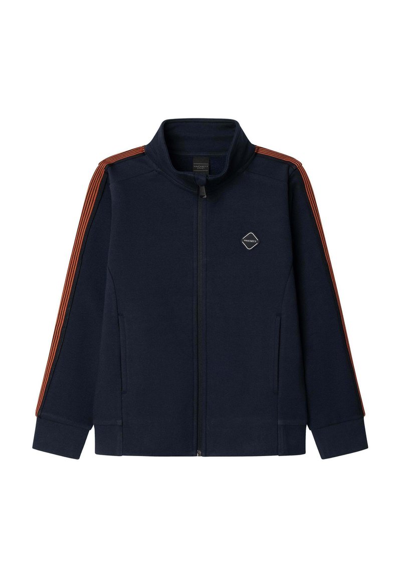 Mørkeblå lynlåsjakke med røde striber langs ærmerne og et lille diamantformet logo på venstre bryst.