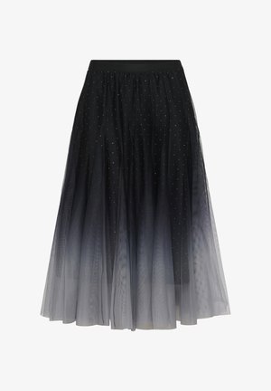 Schwarz Tüllrock mit einem geschichteten Design, verziert mit silbernen Punkten und einem Ombre-Effekt, der zum Saum hin in Grau übergeht.