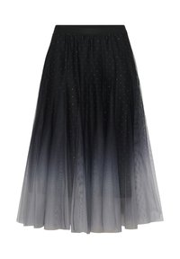 Čierna tylová sukňa s vrstveným dizajnom, zdobená striebornými bodkovanými detailmi a ombré efektom prechádzajúcim do sivej farby na leme.