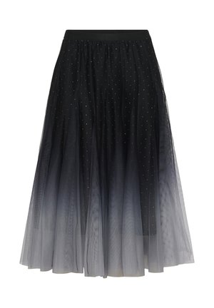 Gonna in tulle nera con un design a strati, caratterizzata da decorazioni a pois argentati e un effetto ombre che sfuma verso il grigio in fondo.