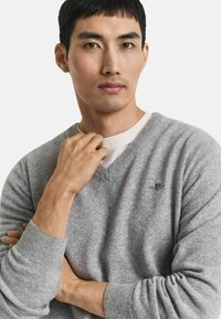Maglione grigio a scollo a V realizzato in materiale morbido, con polsini a costine e un piccolo logo ricamato sul petto.