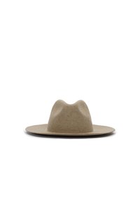 Wide-brimmed hat made of light brown felt, featuring a ridged crown with a soft texture and a flat, circular brim.