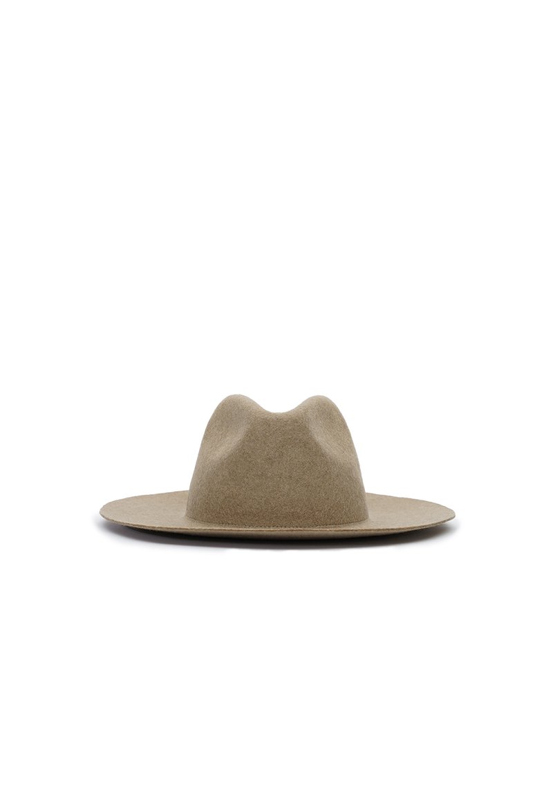 Wide-brimmed hat made of light brown felt, featuring a ridged crown with a soft texture and a flat, circular brim.